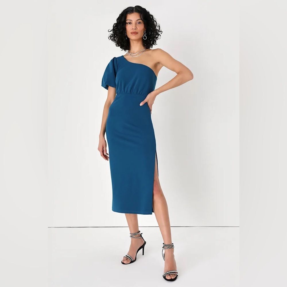 Lulus Ultimate Poise Teal Blue One-Shoulder Midi Dress
